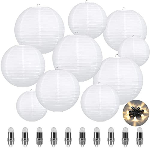 LIHAO 10er weiße Papier Laterne Lampions rund Lampenschirm mit 10 Pcs Warmweiß Mini LED-Ballons Lichter Hochzeit Dekoration Papierlaterne (Verschiedene Größen)