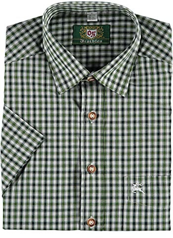 OS Trachten Herren Hemd Kurzarm Trachtenhemd mit Liegekragen Ipuve, Größe:45/46, Farbe:dunkelgrün