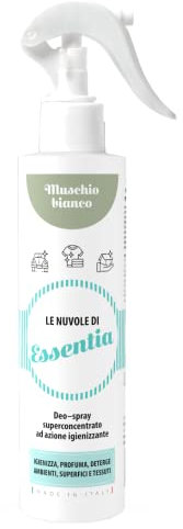Le Nuvole di ESSENTIA, Profumo Igienizzante Spray per Ambienti, Tessuti e Superfici con Essenze Naturali e Sali Quaternari di Ammonio (Muschio Bianco, 250 ml, confezione da 1)