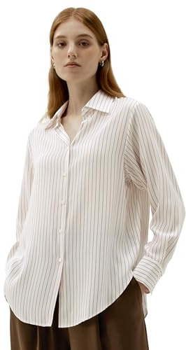 LilySilk Silkesskjorta med knappar 100 rent mullbärssilke långärmad dam klassisk strippad silkesblus toppar för kvinnor, Valnöt-kritstreck, M