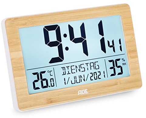 ADE Horloge radiopilotée numérique XL avec très Grands Chiffres | Horloge de Table avec 2 Heures de réveil et éclairage | Thermomètre et Hygromètre | Cadre étroit en Bambou véritable