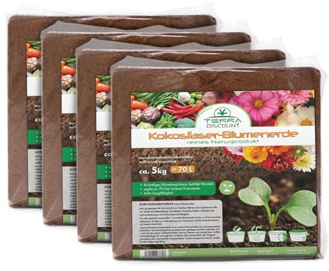 Terra Discount Kokosfaserhumus *Blumenerde* 4X ca.5 Kg (ergibt ca. 280 Liter), Kokoserde als Hochbeeterde und für Pflanzen/Zimmerpflanzen, aus nachwachsenden Rohstoffen, torffrei und ungedüngt