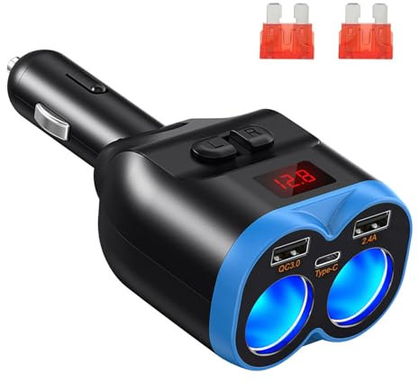 Linkstyle Auto Ladegerät Zigarettenanzünder Splitter, Dual USB A & PD USB Buchse Splitter mit LED Voltmeter für 12V/24V Auto Geräte