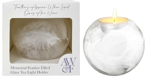Glass Candle Holder with Soft Feather Filling – 10x10x9cm Tea Light Holder Sympathy Gift for Comforting Moments – Memorial Candle Keepsake & Remembrance Gifts – Angels Wings & Feathers