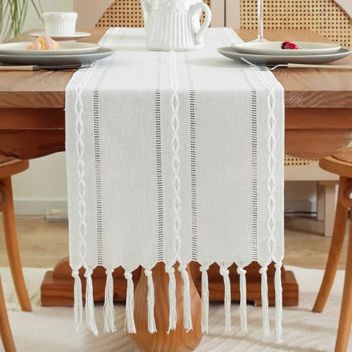 meioro Camino de Mesa Rústico con Borlas, 33x143cm Mantel de Mesa Moderno Lavable, Boho Caminos de Mesa en Poliéster y Lino, Decoracion de Mesa para Interior y Exterior, Fiestas, Bodas (Blanco)