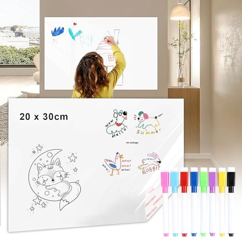 Joaecosmhui Lavagna Adesiva da Parete con 8 Penna, Lavagna Adesiva Pellicola di Lavagna Bianca, Lavagne Bianche Auto-Adesiva Adatto per Bambini Fai da Te, Aula di Scuola, Casa, Ufficio (20 x 30cm)