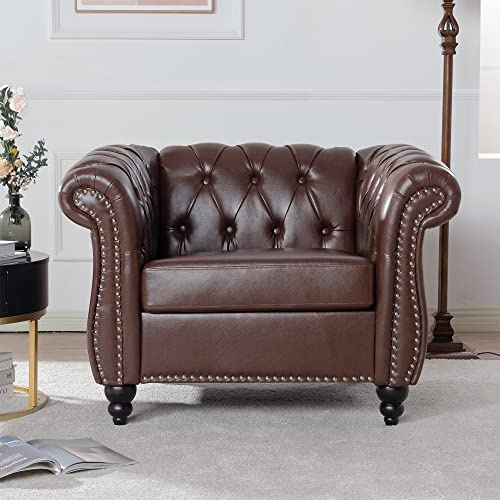Accent Chair, Modern Chesterfield Chair Leather Upholstered Single Sofa Chair with Tufted Back for Living Room, Bedroom, Office, Apartment (Brown)