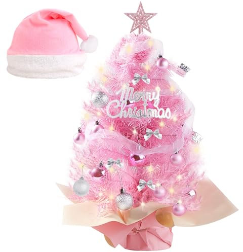 ZIGefofo Mini Weihnachtsbaum Rosa 60cm Künstlicher Weihnachtsbaum Pink mit Rosa Weihnachtsmütze Kleiner Künstlicher Weihnachtsbaum mit Ornamenten für Zuhause, Büro Oder Tischdekoration