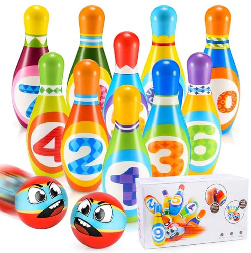 HOVIBU Bowling Set Kinder, 12 Stück Kegelspiel für Kinder mit 10 Kegel und 2 Bälle, Mini Bowling Ball Set für Zuhause, Montessori Junge Mädchen, Dosenwerfen Spielzeug ab 3 Jahre