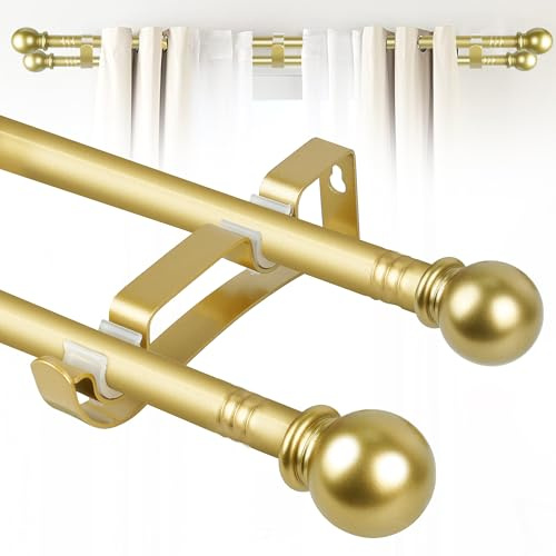 Double Curtain Rods for Windows Set 60 to 120 Inch,Gold Curtains Rod with 3PCS Drapey Pole Brackets,Small Extra Long 5/8 Diameter Blackout Cortineros Para Ventanas for Bedroom,Living Room