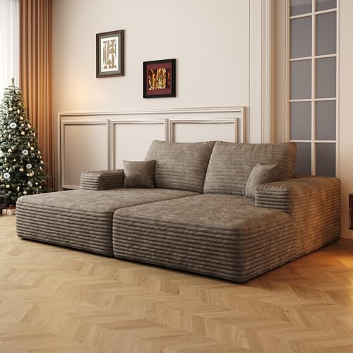Oversized Double Chaise Lounge 74.8'' Corduroy Upholstered Sleeper Sofa Bed, Deep Seat Cloud Sectional Couch with Pillows, Fluffy Boneless Couches Reclining Lounger for Living Room Bedroom, Camel