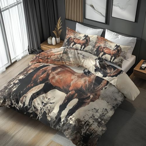 NOGAWA Horse Bedding Single - Animal Duvet Cover Single, Reversible Quilt Cover & 1 Pillowcase with Zip and Ties, Ultra Soft and Breathable Brushed Microfibre Bed Set