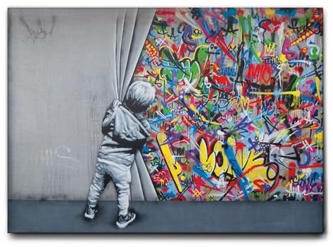Giallobus - Gemälde - Banksy - Kind öffnet den Vorhang - Leinwand mit Standardrahmen - 140x100 - Bereit zum Aufhängen - Moderne Gemälde für zu Hause