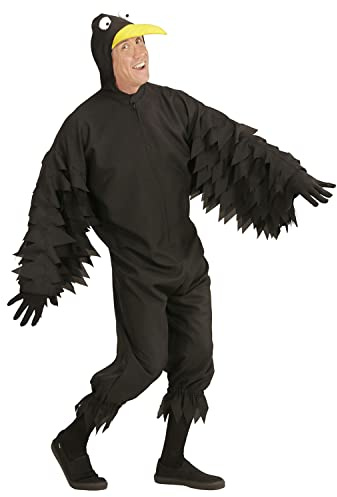 W WIDMANN MILANO Party Fashion - Disfraz de cuervo para hombre, mono negro de felpa con capucha, disfraz de pájaro para carnaval