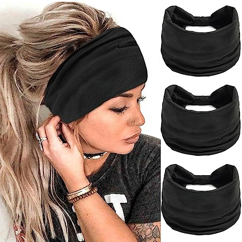 FULZTEY Fasce elastiche per capelli nere da donna, larghe fasce per capelli annodate, in tinta unita, turbante antiscivolo, per yoga, allenamento, grandi bandane in cotone, accessori per capelli
