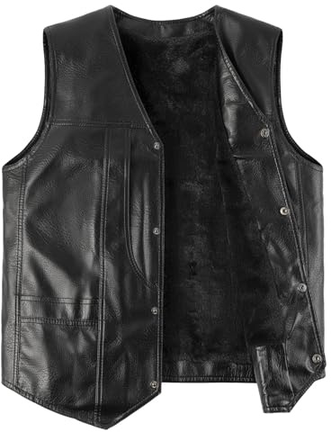 Harbrosrce PU-läder väst för män fleece fodrad motorcykel väst vintage retro läder gilet cyklist varm vardaglig v-ringad ärmlös jacka, Svart, L