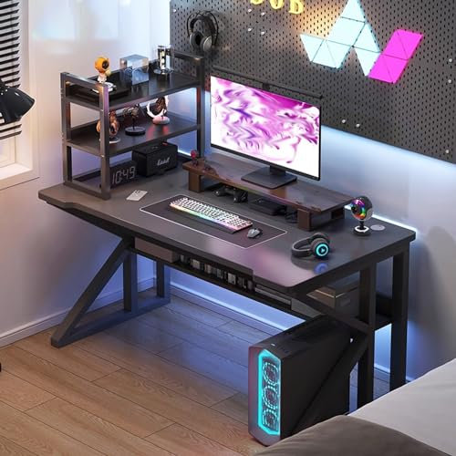 Schreibtisch mit Stauraum, Gaming Tisch mit Schreibtischablage, Tischbeine vom Typ K+1, Stabil, Computertisch for Spiele, Büroarbeit, Schreiben, Lesen