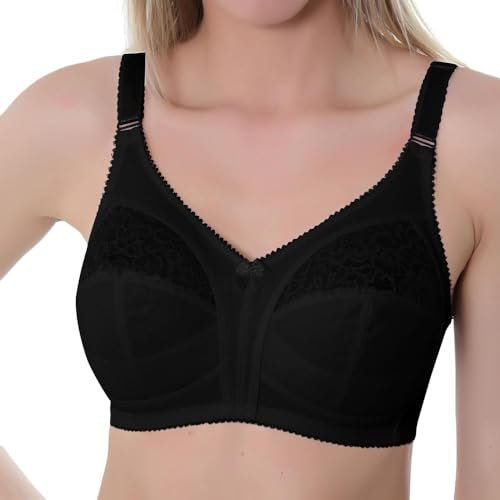 Gemm Ladies Black Non Wired Lace Trim Plus Size Bra with Large Cup Sizes Full Firm Support (42 H, Black)