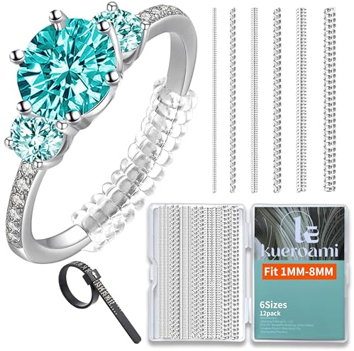 Lot de 12 Ajusteur de Bague Invisible Silicone, Réducteur pour Bagues Lâches, 6 Tailles 1-8mm, Spire Enroulée sans Abîmer, Femme Homme - Transparent