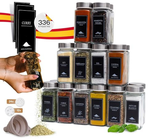 comforder – Botes Especias Cristal – Incluye 336 Etiquetas en Español y Molino – 24 Tarros de 120ml (Metal)