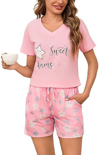 Litherday Women's Pyjamas Set Short Sleeve Cotton Pjs Set Summer V-Neck Soft Loungewear Nightwear Sleepwear Set with Pockets Drawstring S-XXL Pink
