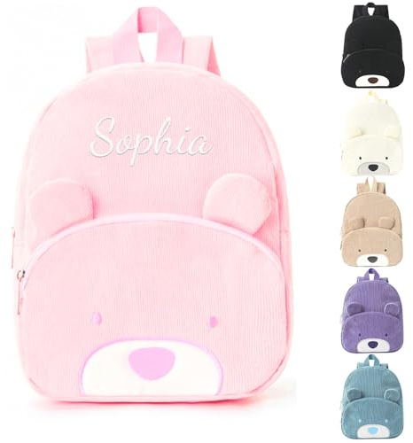 Personalised Mini Toddler Backpack for Girl & Boy, Embroidered Name Children's School Rucksack Corduroy, Cute Bear Kids Small School Bag Bookbag for Travel Kindergarten Elementary Preschool (Pink)