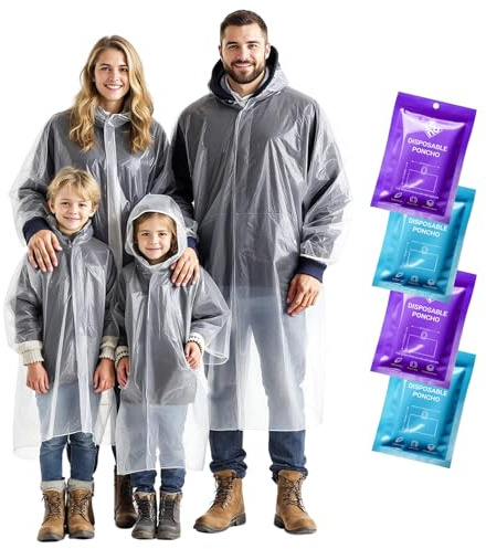 ZENO Disposable Rain Poncho Waterproof Family Pack - Rain Coat with Hood, Pack of 4 - For Adults & Kids, Women, Men, Girls & Boys - Travel Poncho for Hiking, Camping