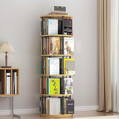 KEPMOGOH Libreria Girevole 360° in Legno - 5 Livelli Scaffale Autoportante di Stoccaggio per Camera da Letto, Ufficio