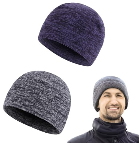 Quorlis Skull Cap - 2 Packs Winter Thermal Fleece Running Hat, Beanie Hat with Ear Covers, Skull Cap Cycling Helmet Liner for Adults Women and Men, Unisex Elastic Size, Warm & Comfortable