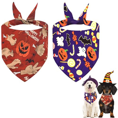 AuraFusion Halloween Halstuch Hund, 2 Pezzi Regolabile Foulard Triangolo per Cani con Motivo Strega Zucca, Costume di Halloween per Cani di Taglia Piccola Media Grande