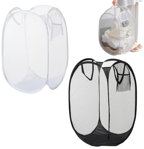 Pop Up Laundry Basket 2Pcs, Mesh Collapsible Laundry Baskets Large Folding Washing Basket with Handles Side Pocket Portable Laundry Basket Collapsible for Bedroom and Bathroom Clothes Tidy Storage
