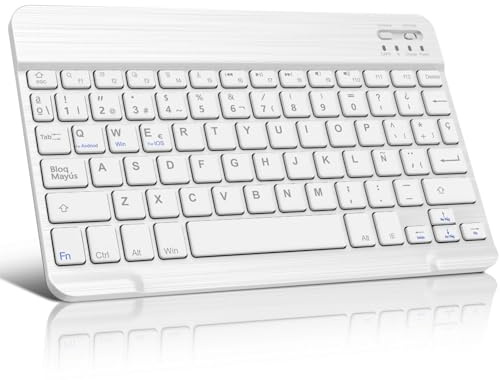 WAVATA Teclado Español Ñ Bluetooth Inalámbrico para iPad iOS/Tablet Android, Teclado Bluetooth de 10 Pulgadas Inalámbrico Portátil- Blanco