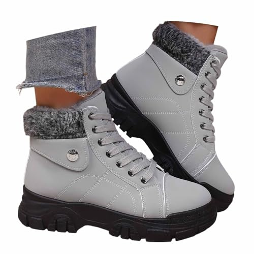 KBOPLEMQ Botines para mujer, forro polar, cálidos, botas de invierno para exteriores, trekking, botas deportivas, ligeras, de media altura, botas de nieve de piel sintética, botas de invierno, O gris