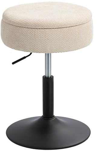 HOMCOM Taburete de Bar con Almacenaje, Altura Ajustable, Taburete de Cocina Redondo, Giratorio, Tapizado en Chenilla, Base de Acero, Diseño Botones, Acolchado, para Salón, Comedor, Oficina, Beige