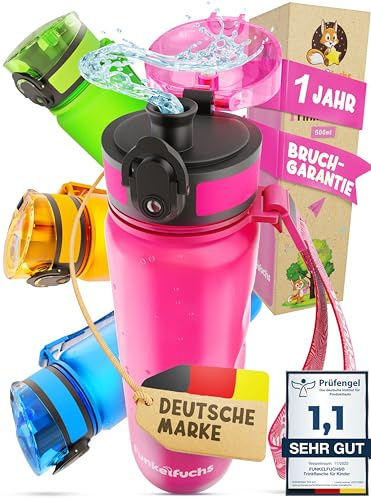 Gnistrande räv vattenflaska för barn – 500 ml, rosa – lämplig för kolsyra – 100 % läckagesäker – vattenflaska diskmaskinssäker – för skolning, skola, sport