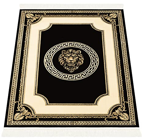 Belle Arti Premium Designer Teppich Wohnzimmerteppich Kurzflor Mäander Löwen Kopf Muster mit Fransen in Schwarz Creme Gold - Seidenglanz modern weich flauschig rutschfest 100% Viskose - 160x230 cm