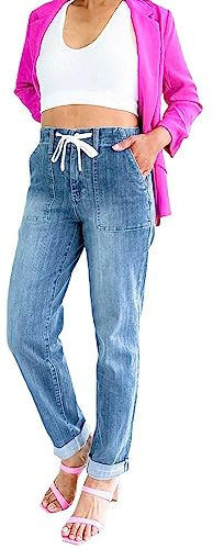 Pantalones vaqueros de pierna recta para mujer, cintura elástica, pantalones largos de mezclilla con cordón, informales, sueltos