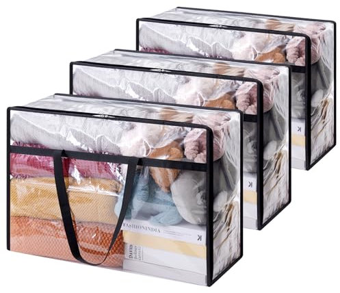 Lifewit 3 Stück Transparente Plastik Aufbewahrungstasche, 60L Kleiderschrank Organizer Aufbewahrungsbox mit Deckel Kleideraufbewahrung Umzugskartons mit Verstärkter Griff für Bettdecken, Kleidung