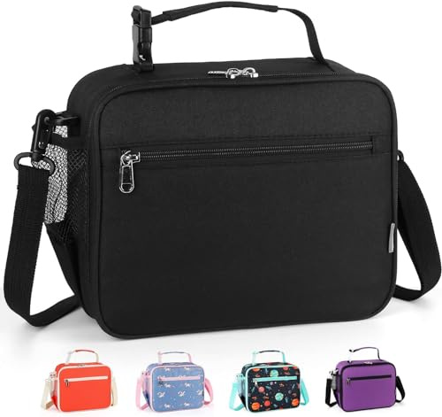 hombrima Insulated Lunch Box Bag, Kids Thermal Cool Bags with Adjustable Strap for Adults Children Women Men Boys Girls School Office Outdoor(Black)
