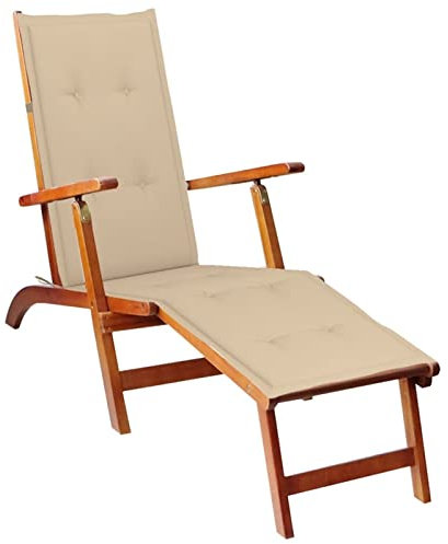 LAPOOH Liegestuhl mit Fußstütze und Auflage Akazie Massivholz, Gartenliege, Sonnenliege, Relaxliege, Deckchair, Terrassenstühle, Beach Chair, Saunaliege 3064017