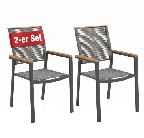 MR. DEKO Alicante Juego de 2 sillones de aluminio con reposabrazos, 60 x 57 x 90 cm, marco de aluminio gris oscuro y cuerda gris, silla apilable para ahorrar espacio, muebles para exteriores