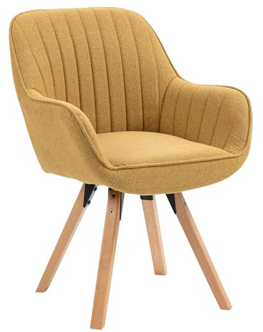 Meuble Cosy Chaise Salle à Manger Scandinave Fauteuil Coiffeuse Siège Pivotant avec Accoudoirs pour Chambre Salon Cuisine Bureau, Rembourré en Tissu Pieds en Bois Massif, Jaune, 60x58x83cm