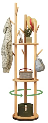 KZOBYD Porte-manteau rotatif en bois avec 3 étagères - Porte-manteau en forme d'arbre avec 9 crochets - Pour vêtements, chapeaux, sacs à main