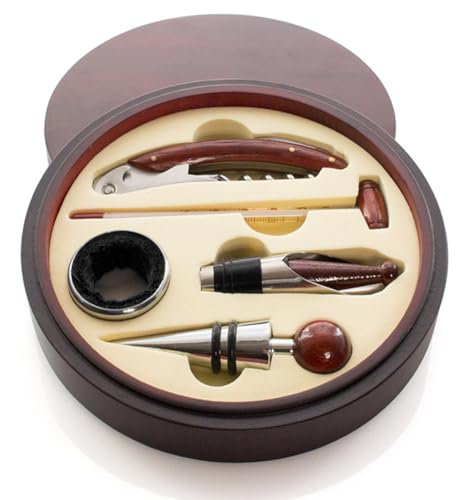 Juego de sumiller de vino de cinco piezas en caja redonda de madera con termómetro para vino, cuchillo de camarero, sacacorchos, anillo antigoteo, aireador de vino, cortador de láminas en estuche de