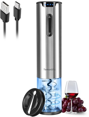 Electric Wine Opener Tomentific, Rechargeable Automatic Wine Corkscrew Bottle Opener With Foil Cutter, Type-C Charging Wine Openers With LED Light For Home Party Wedding Gifts (Stainless Steel)