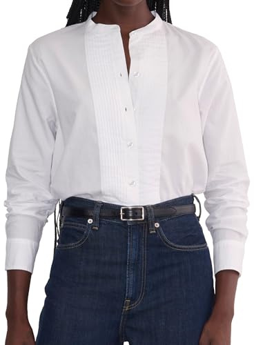 SUNNOW Women's White Tuxedo Button Up Shirt Pleated Bib Tops Long Sleeve Stand Collar Dressy Casual Blouse