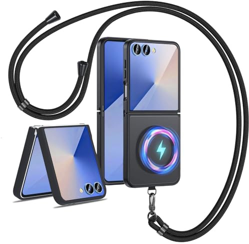 Funda Magnética Compatible con Samsung Galaxy Z Flip 7 con Cordón, Compatible con MagSafe, Carcasa Translúcido Mate Protección, Shock-Resistant TPU+PC Bumper Case, Funda para Galaxy Z Flip 7, Negro