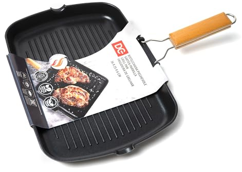 Dc Casa Bistecchiera Lega Alluminio Antiaderente 36x25x6 cm | Rivestimento Antiaderente, Manico in Legno Pieghevole, Adatta a Gas, Adatta a Induzione, Adatta a Elettrico