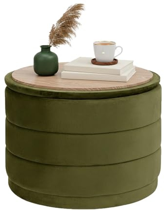 Bonlife Large Storage Ottoman Round - Folding Foot Rest with Hidden Storage, Olive Velvet 58x58x44cm for Living Room, Bedroom & Hallway