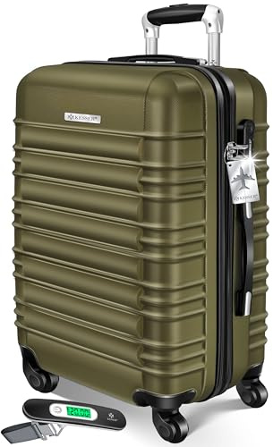 KESSER® Reisekoffer 84L Mittlerer Hartschalen Koffer Inkl. Kofferwaage + Gepäckanhänger | Trolley Gepäck Rollkoffer Zahlenschloss 4 Rollen ABS-Hartschale Teleskopgriff, 66x45x28cm, Olivgrün